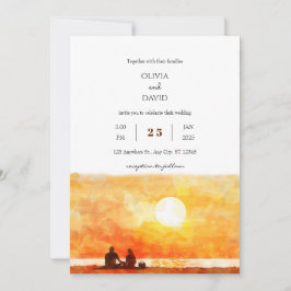 Minimal Golden Sunset Picnic Beach Wedding Inbjuda Inbjudningar