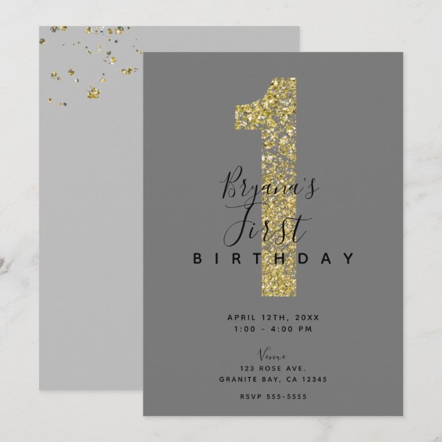 Minimal grå guldflingor 1 glitter 1-års födelsedag inbjudningar (Fram/baksida)