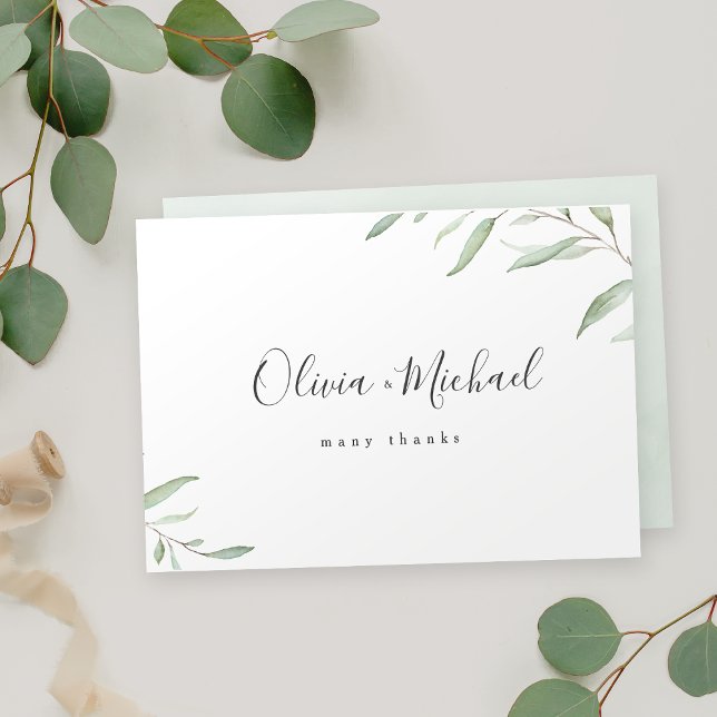Minimal grå kalligrafi i namn tack kort (Minimal greenery calligraphy names rustic thank you card)
