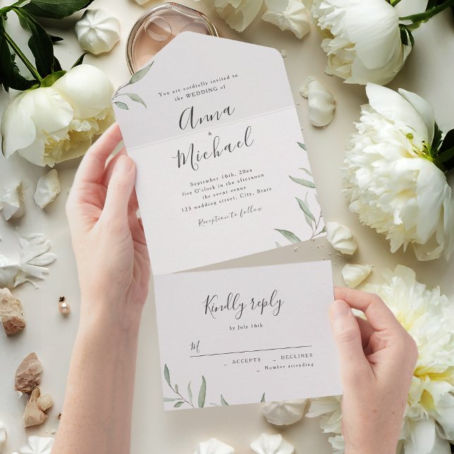 Minimal grå kalligrafi, rustic bröllop (Minimal greenery calligraphy rustic wedding all in one invitation)