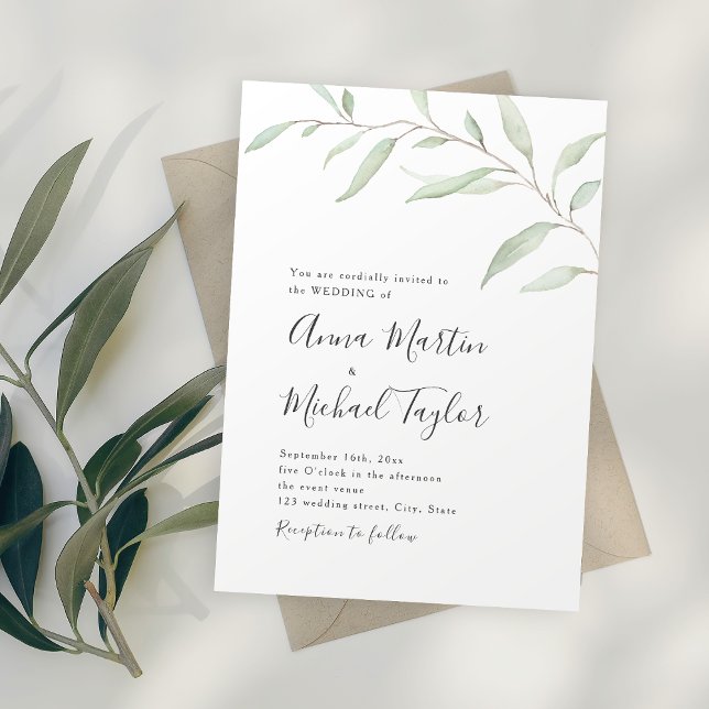Minimal grå kalligrafi, rustic bröllop inbjudningar (Minimal greenery calligraphy rustic wedding invitation)