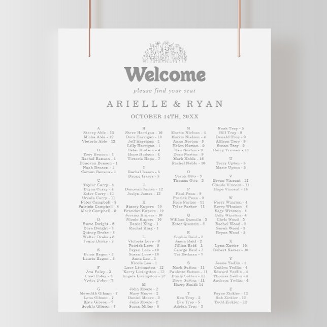 Minimal grå vildblomma alfabetisk sittplatskarta poster (Skapare uppladdad)