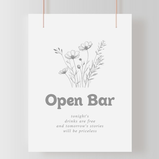 Minimal grå vildblomma bröllops öppen barskylt poster (Skapare uppladdad)