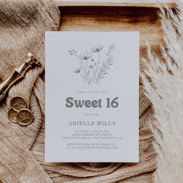 Minimal grå vildblomma Sweet 16 födelsedagsfest Inbjudningar (Skapare uppladdad)