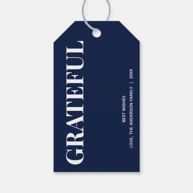 Minimal GRATEFUL | Navy Blue Holiday Presentetikett (Framsidan)