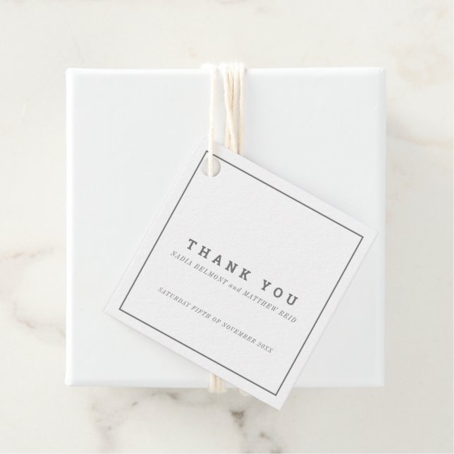 Minimal grått vit kvadrat-bröllop tack gåvor etiketter (På plats)