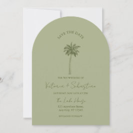 Minimal Green Palm Tree Beach Save The Date Inbjudningar