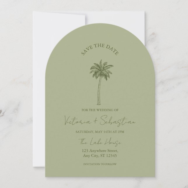 Minimal Green Palm Tree Beach Save The Date Inbjudningar (Framsida)