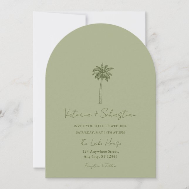 Minimal Green Palm Tree Beach Wedding Invitation Inbjudningar (Framsida)