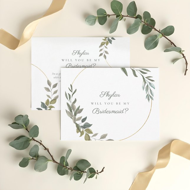 Minimal Greenery & Guld kommer att bli min bridesm Inbjudan Vykort (Minimal Greenery & Gold Will You Be My Bridesmaid Invitation Postcard)