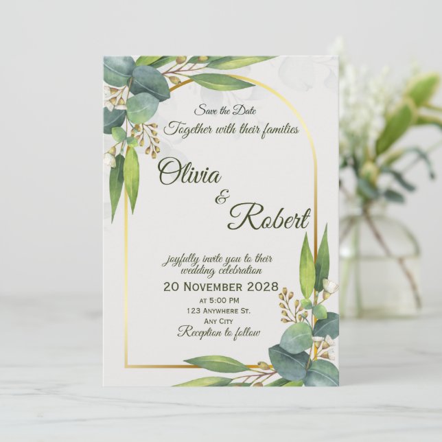 Minimal Greenery Wedding Invitation Gold Arch Inbjudningar (Stående Fram)
