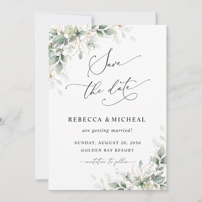 Minimal Greenery Wedding Save The Date Invitation Inbjudningar (Framsida)