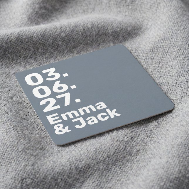 Minimal grey bold modern wedding date and names underlägg papper kvadrat (Minimal grey bold modern wedding date and names square paper coaster)