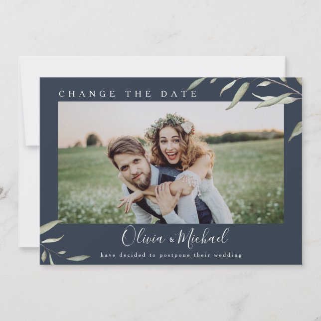 Minimal grön fotoändring senarelagt datum inbjudningar (Framsida)