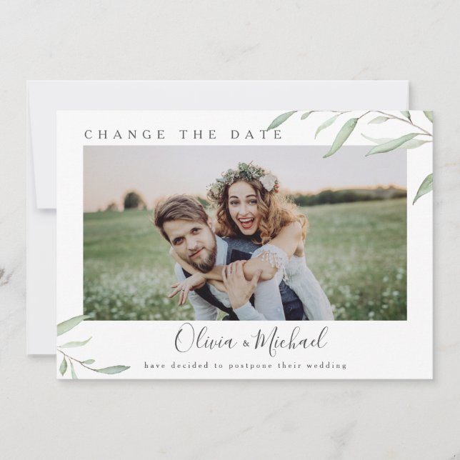 Minimal grön fotoändring senarelagt datum inbjudningar (Framsida)