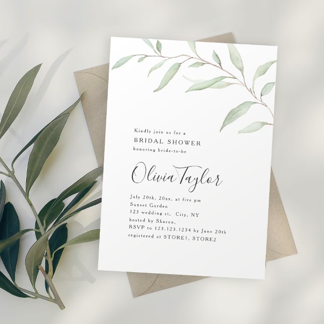 Minimal grön kalligrafi, rustik möhippa inbjudningar (Minimal greenery calligraphy rustic bridal shower invitation)