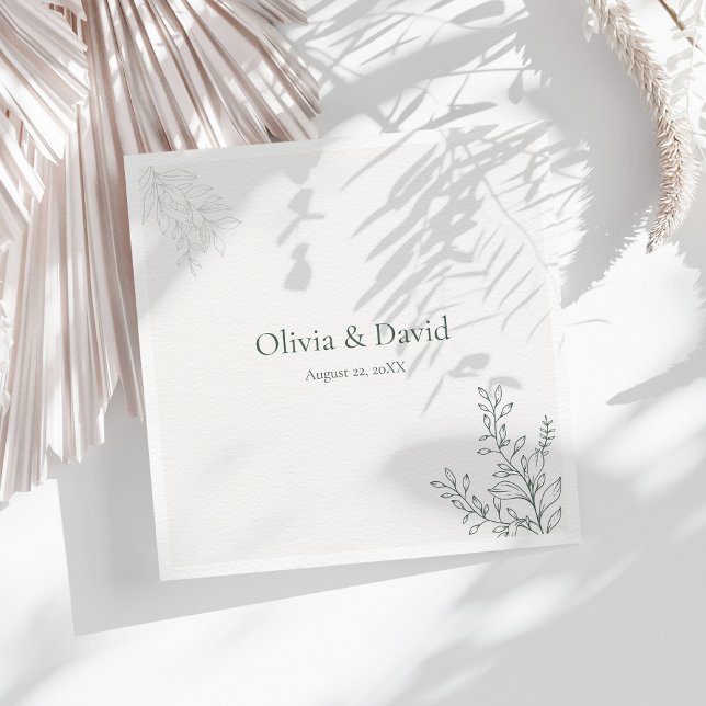 Minimal grön salvia botanisk bröllopsservett pappersservett (Minimal Sage Green Botanical Wedding Napkin on a sunny table with white dry botanicals)