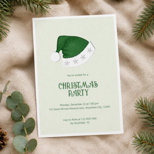Minimal grön tomtelubb julfest inbjudan (Elegant Green Santa Hat Christmas Party Invite, Sophisticated Holiday Party Invitation)