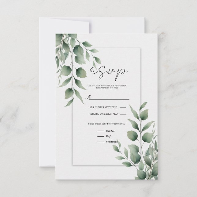 Minimal grönska blad modern vit bröllops-RSVP OSA Kort (Framsida)