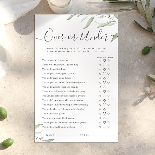 Minimal grönska Över eller under bröllopsdusch spe (Minimal greenery Over or Under bridal shower game)