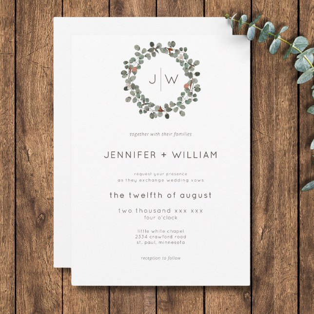Minimal Grönt av skorsten Eucalyptus Utandning Brö Inbjudningar (Minimal Rust Green Eucalyptus Wreath Wedding Invitation)