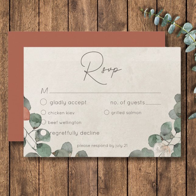 Minimal Grönt av skorsten Eucalyptus Utandning Brö OSA Kort (Minimal Rust Green Eucalyptus Wreath Wedding RSVP Card)