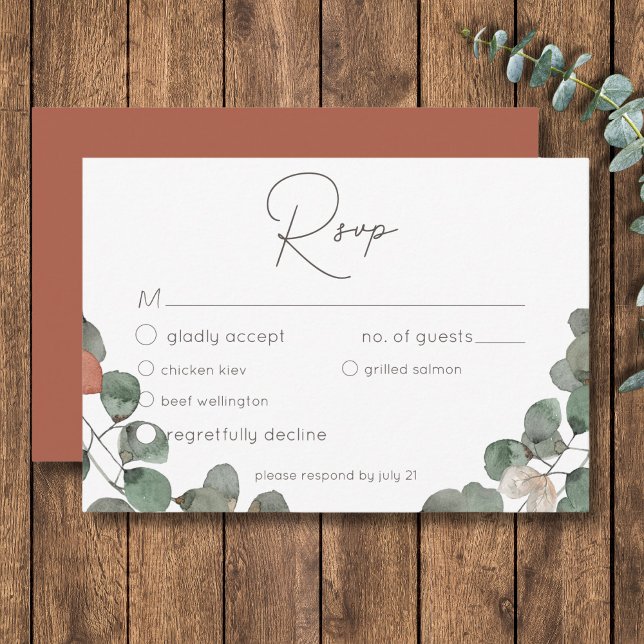 Minimal Grönt av skorsten Eucalyptus Utandning Brö OSA Kort (Minimal Rust Green Eucalyptus Wreath Wedding RSVP Card)