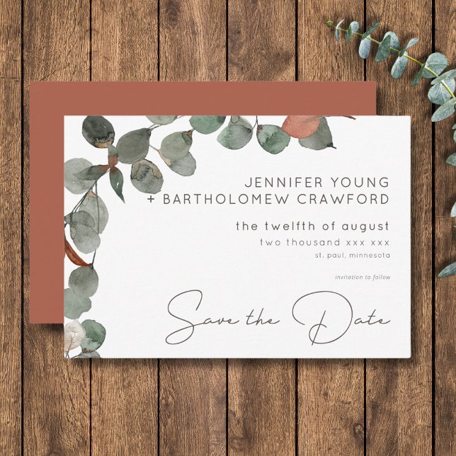 Minimal Grönt av skorsten Eucalyptus Utandning Brö Spara Datumet (Minimal Rust Green Eucalyptus Wreath Wedding Save The Date)
