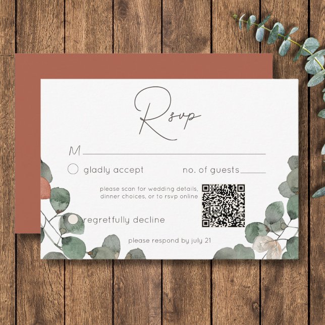 Minimal Grönt för rost Eucalyptus Utandning Bröllo OSA Kort (Minimal Rust Green Eucalyptus Wreath Wedding QR RSVP Card)