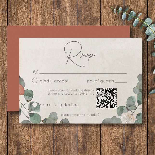 Minimal Grönt för rost Eucalyptus Utandning Bröllo OSA Kort (Minimal Rust Green Eucalyptus Wreath Wedding QR RSVP Card)