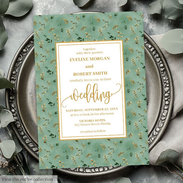 Minimal grönt guld eucalyptus bröllopsinbjudan inbjudningar (Minimal sage green gold eucalyptus wedding invitation)
