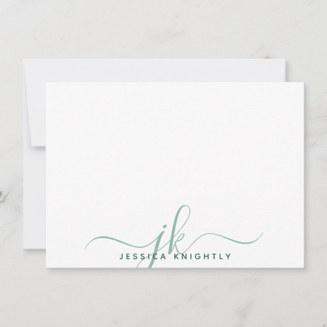 Minimal Grönt i Modern Script Monogram Initialer Anteckningskort (Framsida)
