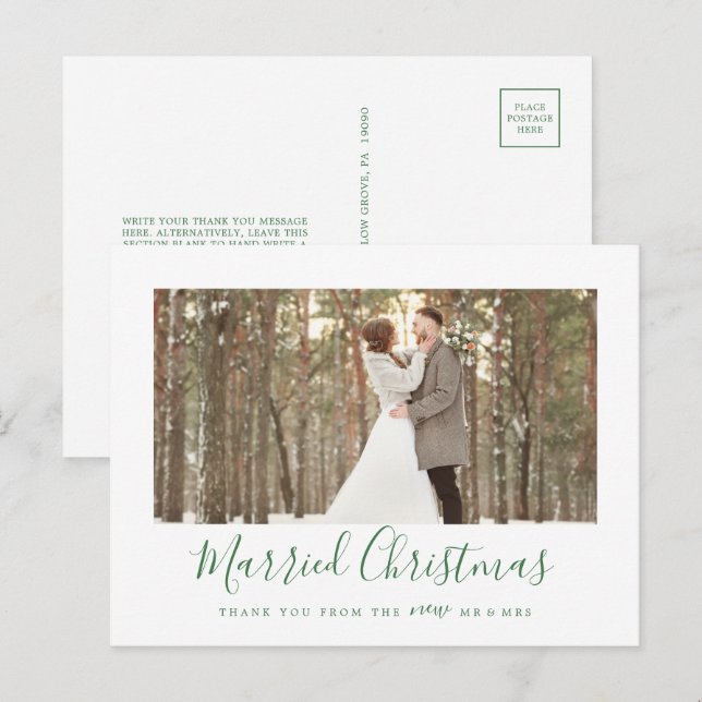 Minimal Grönt Married Jul Newlyed Tack Helg Vykort (Fram/baksida)