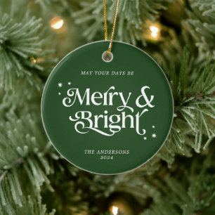 Minimal Grönt Merry & Bright Photo jul Julgransprydnad Keramik