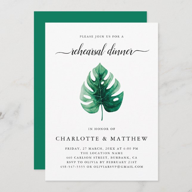 Minimal Grönt Tropical Löv Rehearsal Middag Inbjudningar (Fram/baksida)