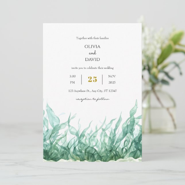 Minimal Grönt under Sjögräs Beach Wedding Inbjudningar (Stående Fram)