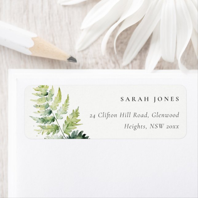 Minimal Grönt vattenfärg Fern Foliage Adress Returadress Etikett (Insitu)