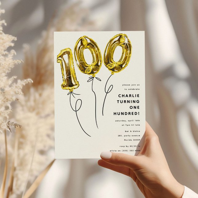 Minimal Guld 100-ballong 100:e Födelsedagsfesten Inbjudningar (Skapare uppladdad)