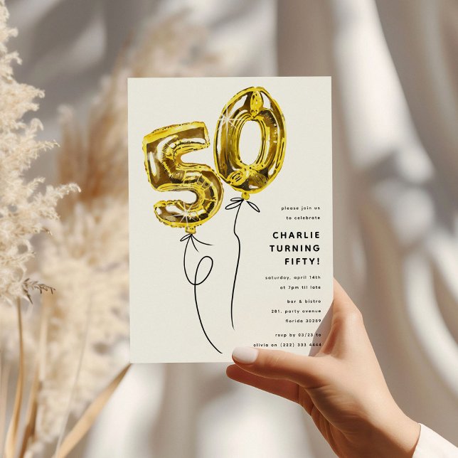 Minimal Guld 50 Ballong 50-årsfest Inbjudningar (Skapare uppladdad)