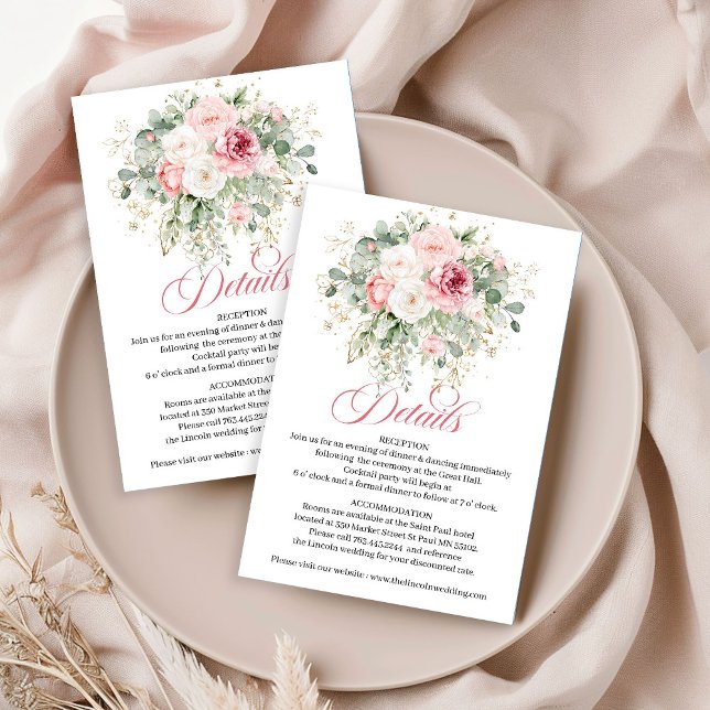Minimal Guld Rosor Bröllopsdetaljkort Tilläggskort (Minimal Gold Blush Roses Wedding Details Card)