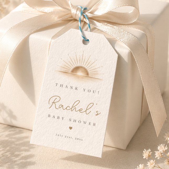 Minimal gyllene sol neutral baby shower tackkort presentetikett (Skapare uppladdad)