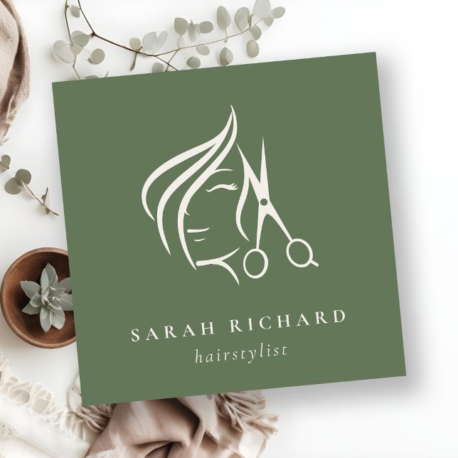 Minimal Hairstylist Dusky Moss Grönt Hair Scissor Fyrkantigt Visitkort (Skapare uppladdad)