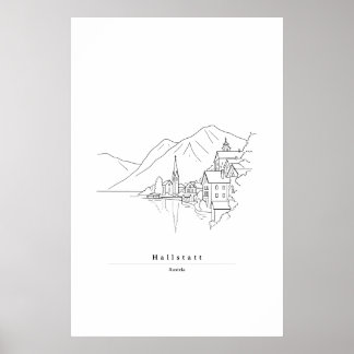Minimal Hallstatt Linje Konst | Österrikisk By Poster