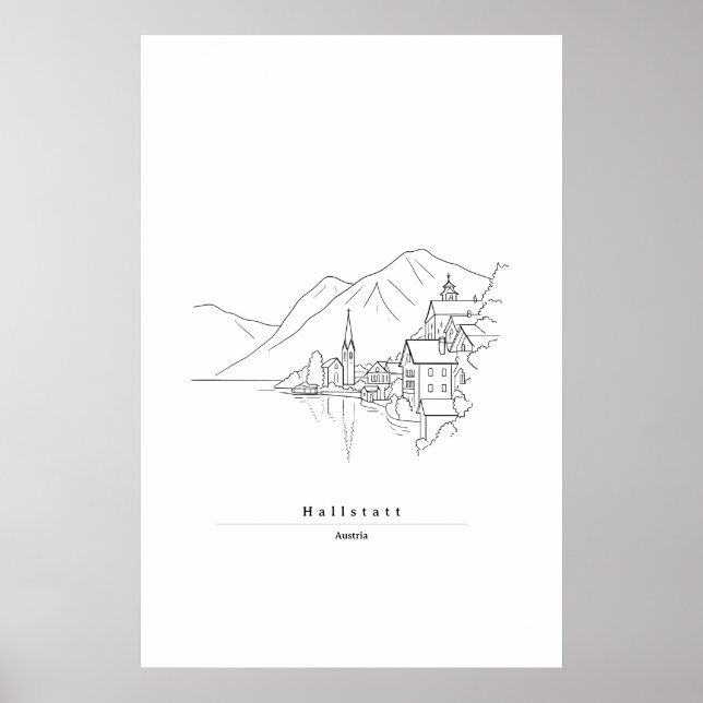 Minimal Hallstatt Linje Konst | Österrikisk By Poster (Framsidan)