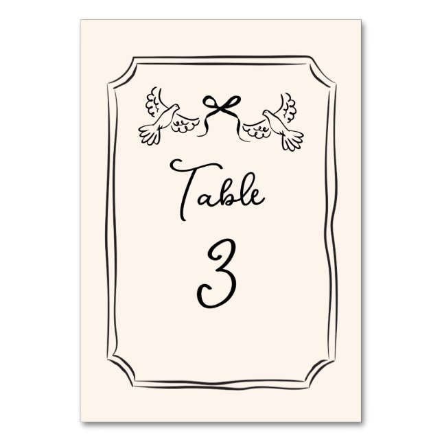 Minimal Hand-Drawn Doves Wedding Table Number Card Bordsnummer (Framsidan)