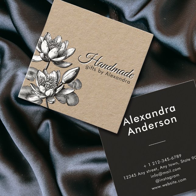 Minimal handgjord Namn och Blommigt Waterlily Lotu Fyrkantigt Visitkort (Minimal Handmade Name and Floral Waterlily Lotus Square Business Card)