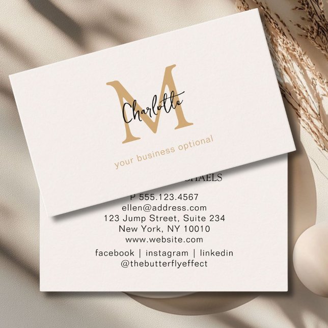 Minimal, handskrift, Beige-Affärskort Visitkort (Minimal, Monogram, Handwriting, Beige Business Card)