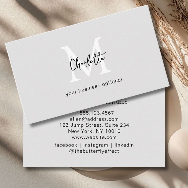 Minimal, handskrift, Grått-Affärskort Visitkort (Minimal, Monogram, Handwriting, Beige Business Card)