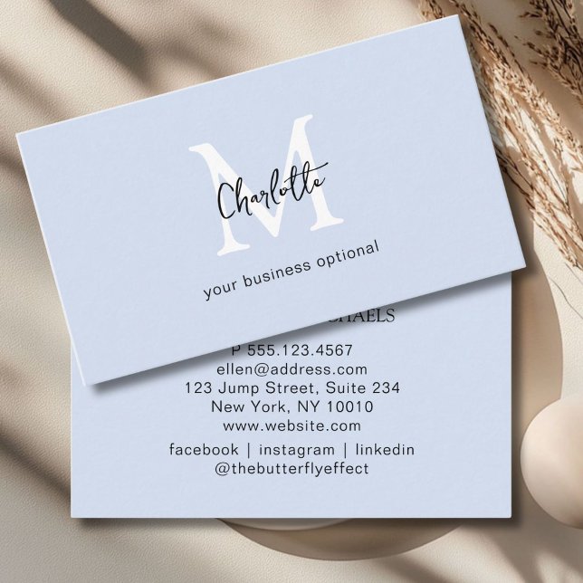 Minimal, handskrift, ljusblått Affärskort Visitkort (Minimal, Monogram, Handwriting, Lightblue Business Card)
