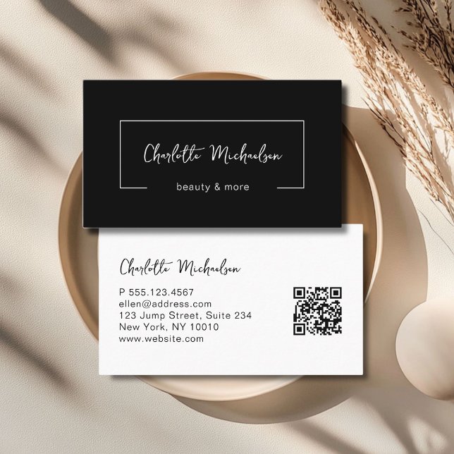 Minimal handskrift Svart QR-kod Visitkort (Minimal Handwriting Black QR Code Business Card)